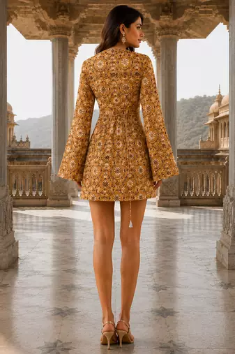 Golden floral printed cotton stitched flared dress for women