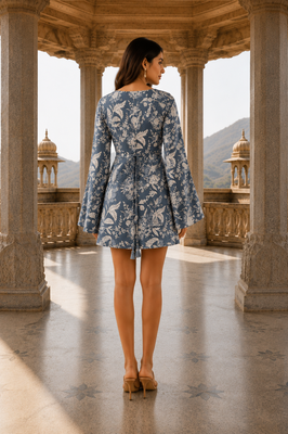 Blue floral printed cotton stitched flared dress for women 2