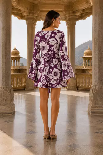 Purple floral printed cotton stitched flared dress for women