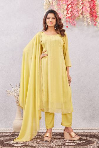 Yellow siroski work  star georgette straight cut dress material unstitched