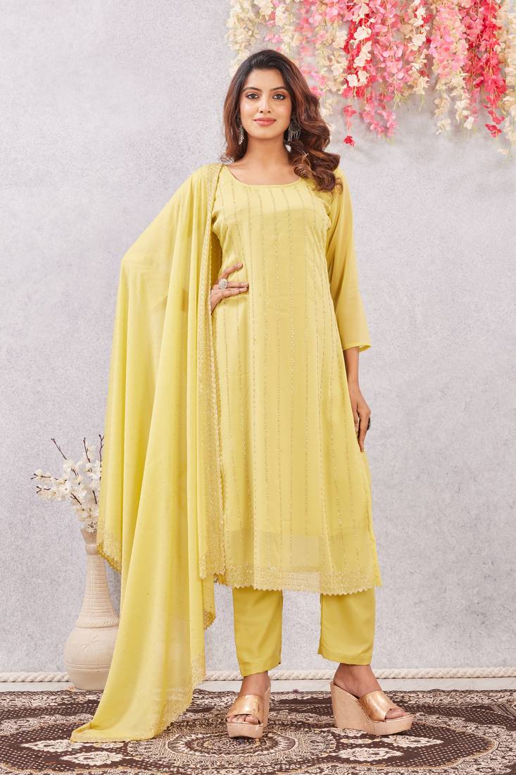 Yellow siroski work  star georgette straight cut dress material unstitched