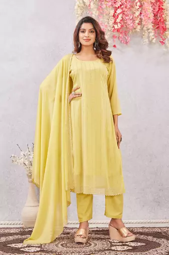 Yellow siroski work  star georgette straight cut dress material unstitched