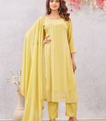 Yellow siroski work  star georgette straight cut dress material unstitched
