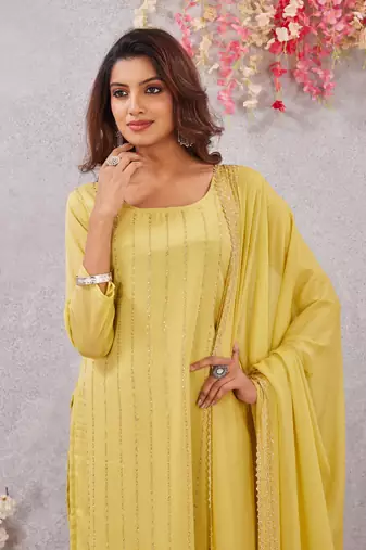 Yellow siroski work  star georgette straight cut dress material unstitched