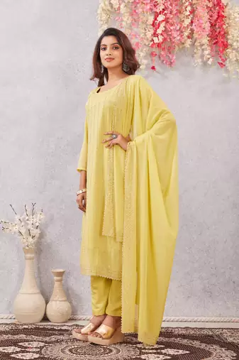 Yellow siroski work  star georgette straight cut dress material unstitched