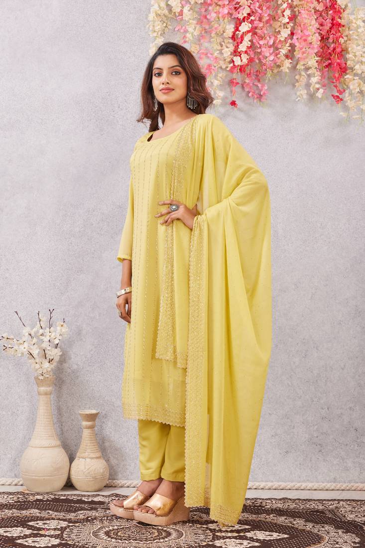 Yellow siroski work  star georgette straight cut dress material unstitched