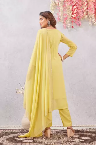 Yellow siroski work  star georgette straight cut dress material unstitched