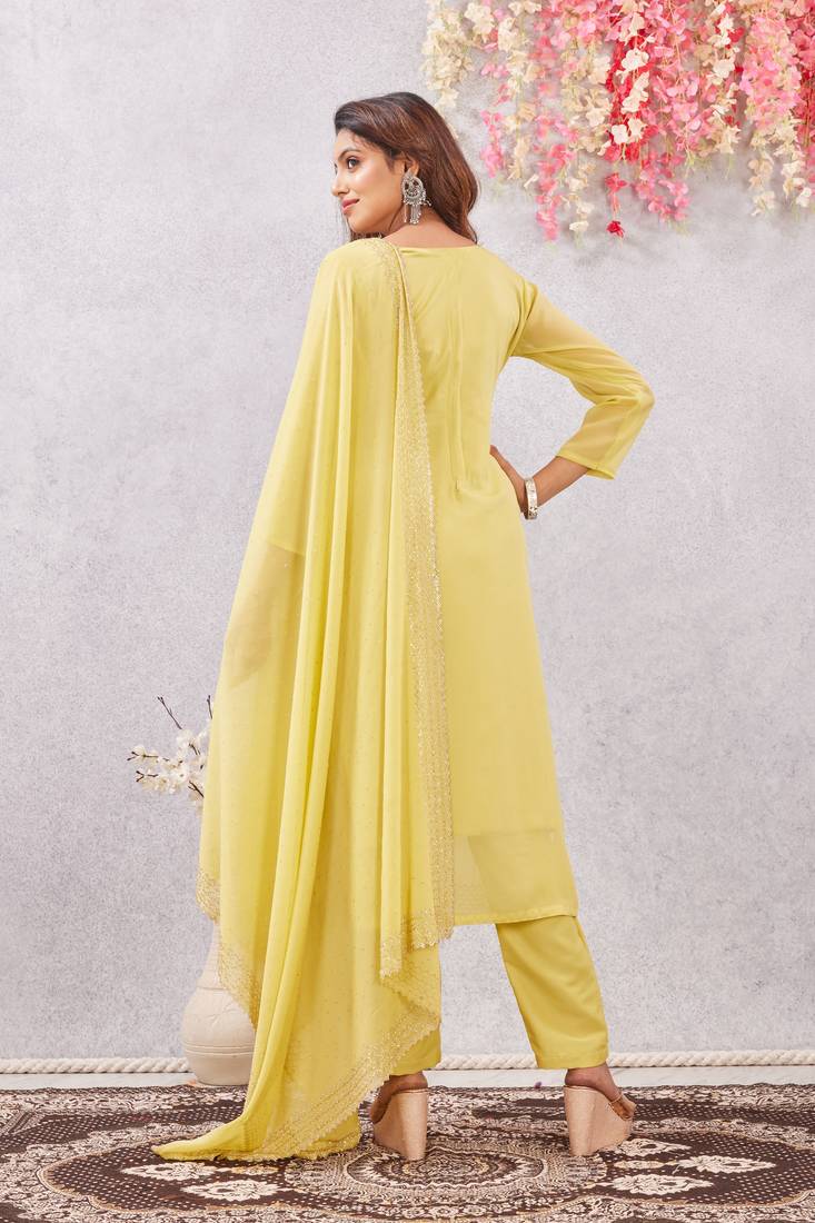 Yellow siroski work  star georgette straight cut dress material unstitched