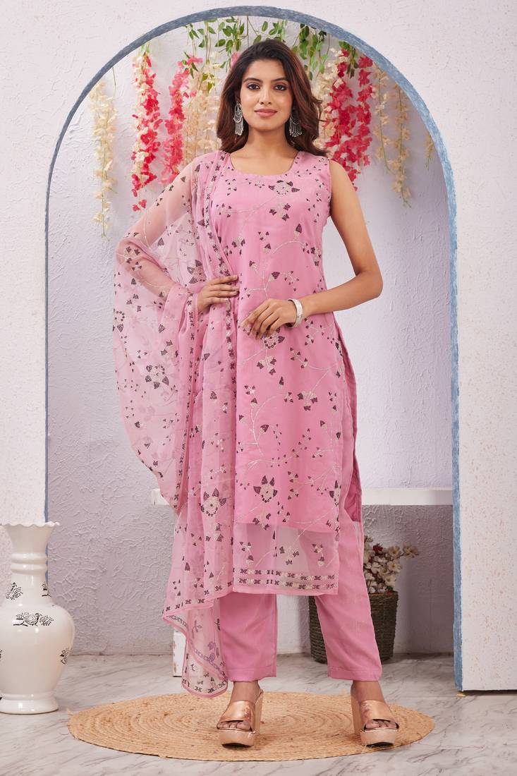 Onion siroski work rangoli straight cut dress material unstitched