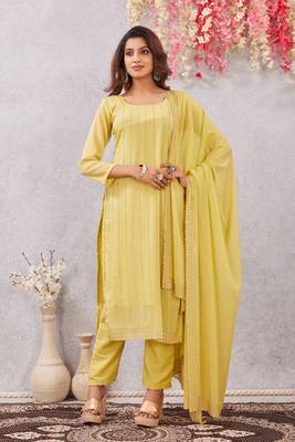 Yellow siroski work  star georgette straight cut dress material unstitched 5