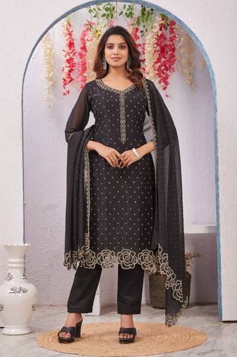 Black siroski work crunchy straight cut dress material unstitched