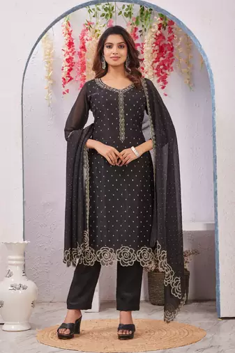 Black siroski work crunchy straight cut dress material unstitched