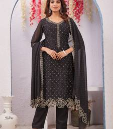 Black siroski work crunchy straight cut dress material unstitched