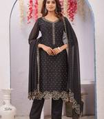 Black siroski work crunchy straight cut dress material unstitched