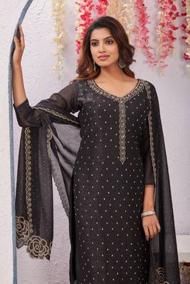 Black siroski work crunchy straight cut dress material unstitched 2