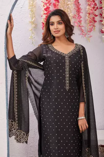 Black siroski work crunchy straight cut dress material unstitched