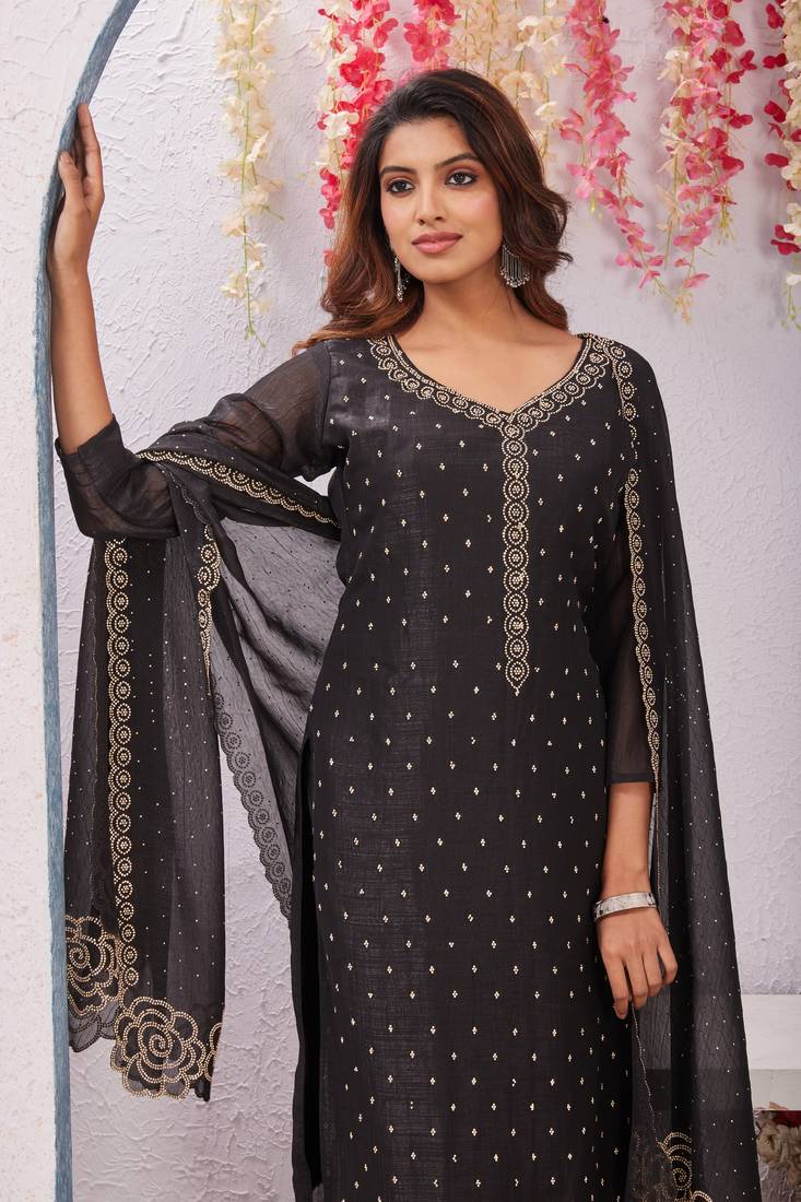 Black siroski work crunchy straight cut dress material unstitched