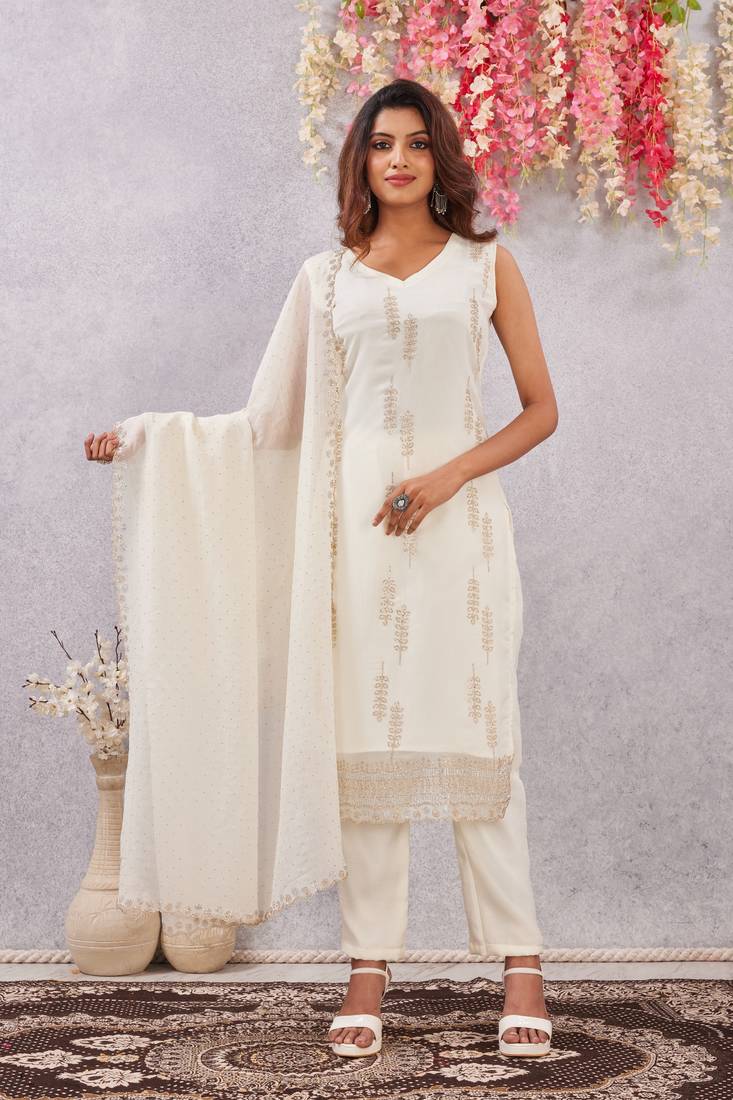 Off white siroski work crunchy straight cut dress material unstitched
