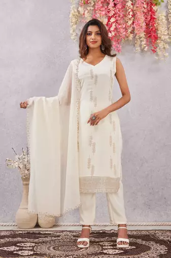 Off white siroski work crunchy straight cut dress material unstitched