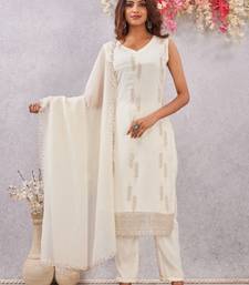 Off white siroski work crunchy straight cut dress material unstitched