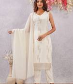 Off white siroski work crunchy straight cut dress material unstitched