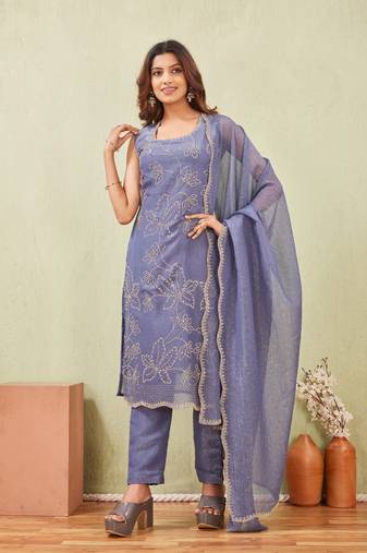 Grey siroski work crunchy straight cut dress material unstitched
