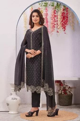 Black siroski work crunchy straight cut dress material unstitched