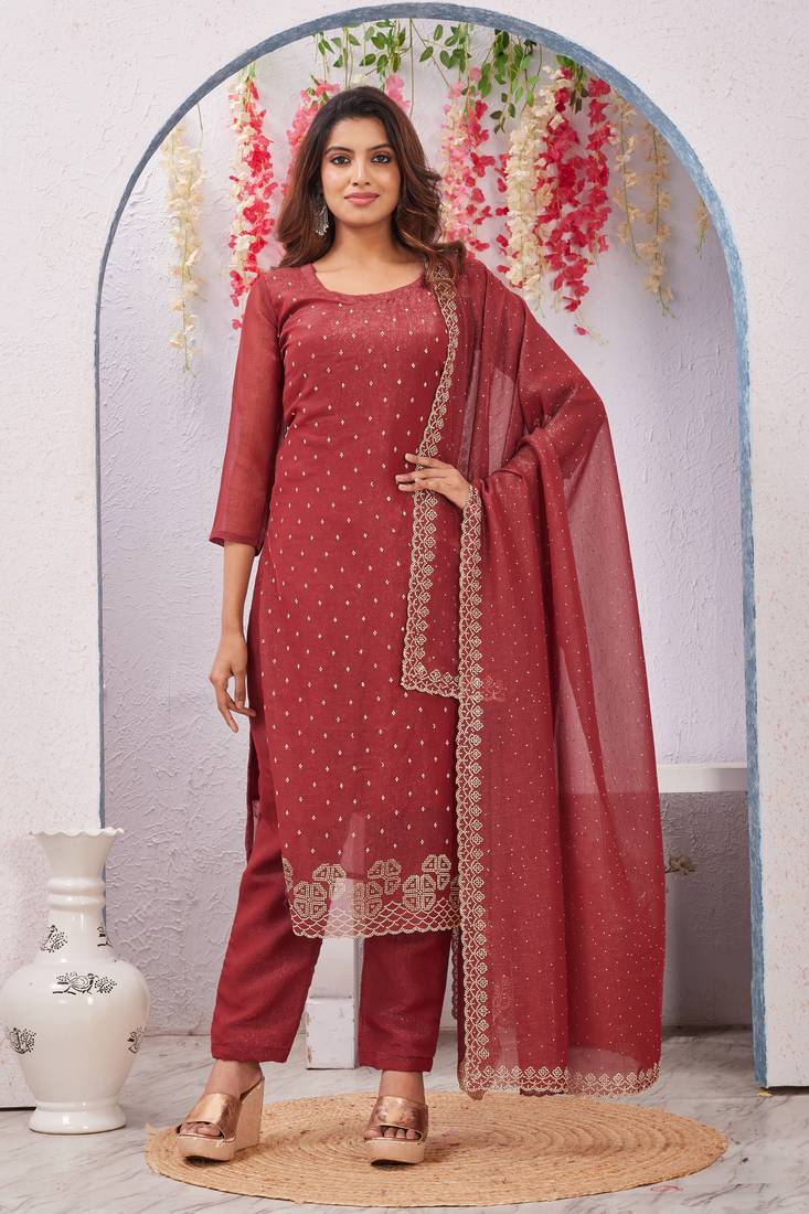 Maroon siroski work crunchy straight cut dress material unstitched