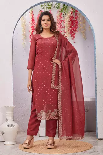 Maroon siroski work crunchy straight cut dress material unstitched