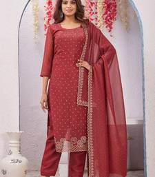 Maroon siroski work crunchy straight cut dress material unstitched