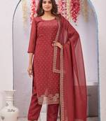 Maroon siroski work crunchy straight cut dress material unstitched