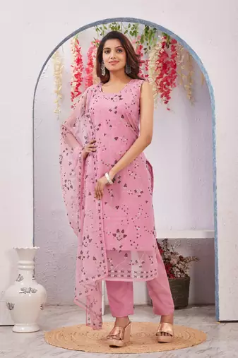 Onion siroski work rangoli straight cut dress material unstitched