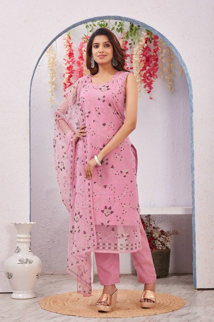 Onion siroski work rangoli straight cut dress material unstitched