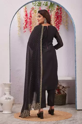 Black siroski work crunchy straight cut dress material unstitched