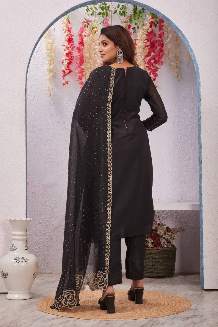 Black siroski work crunchy straight cut dress material unstitched