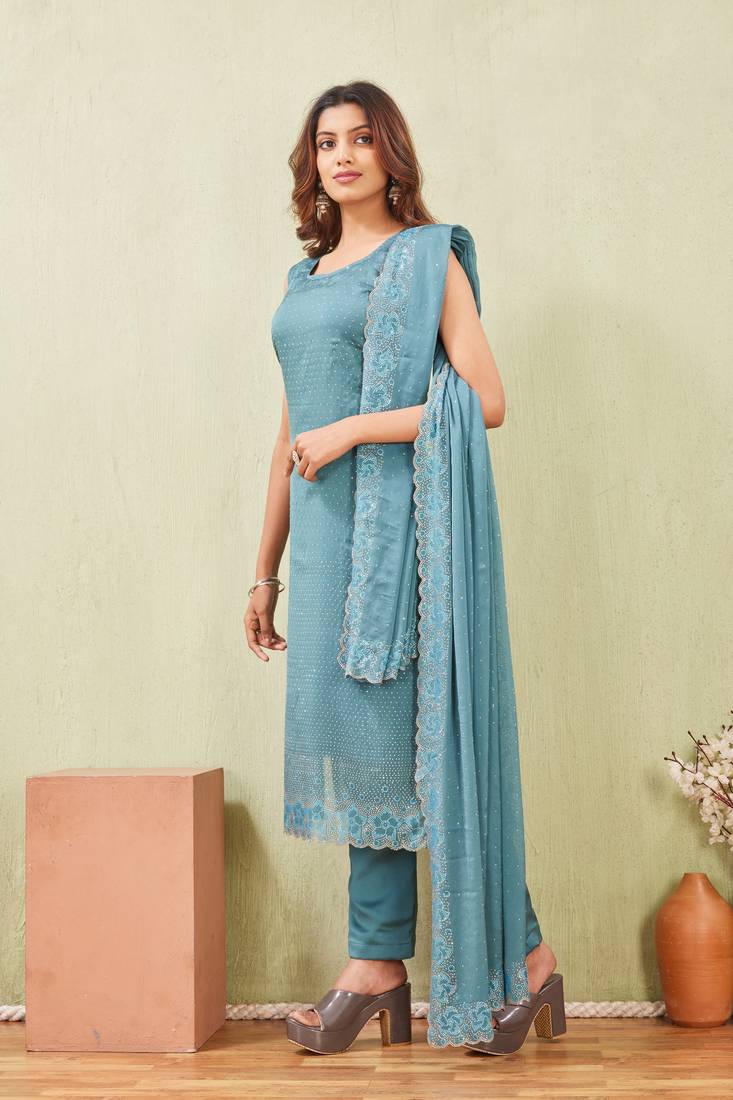 Rama siroski work rangoli straight cut dress material unstitched