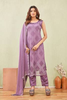 Purple siroski work rangoli straight cut dress material unstitched 1