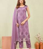 Purple siroski work rangoli straight cut dress material unstitched