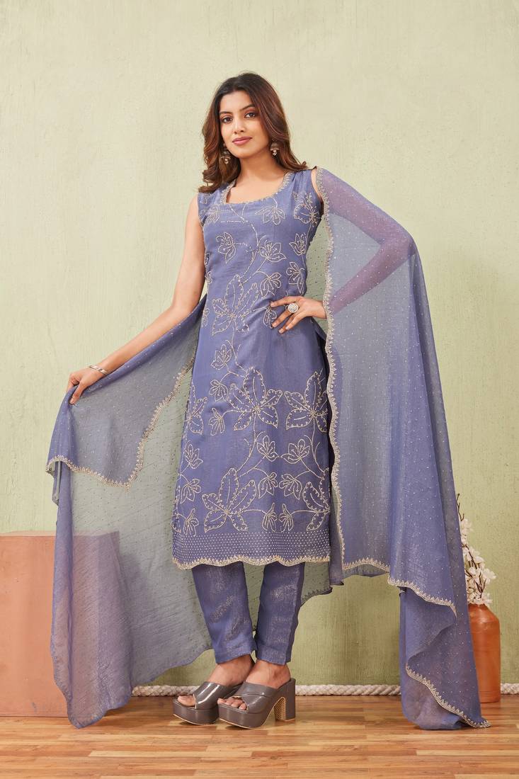 Grey siroski work crunchy straight cut dress material unstitched