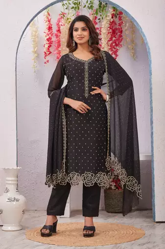 Black siroski work crunchy straight cut dress material unstitched