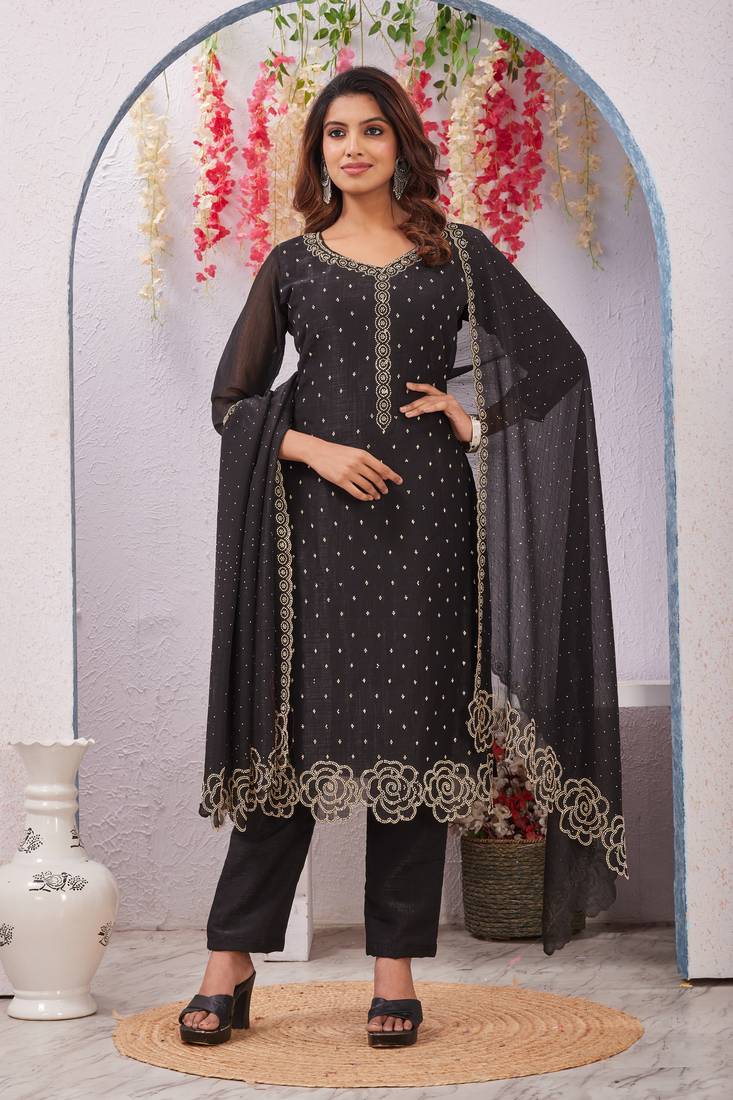 Black siroski work crunchy straight cut dress material unstitched