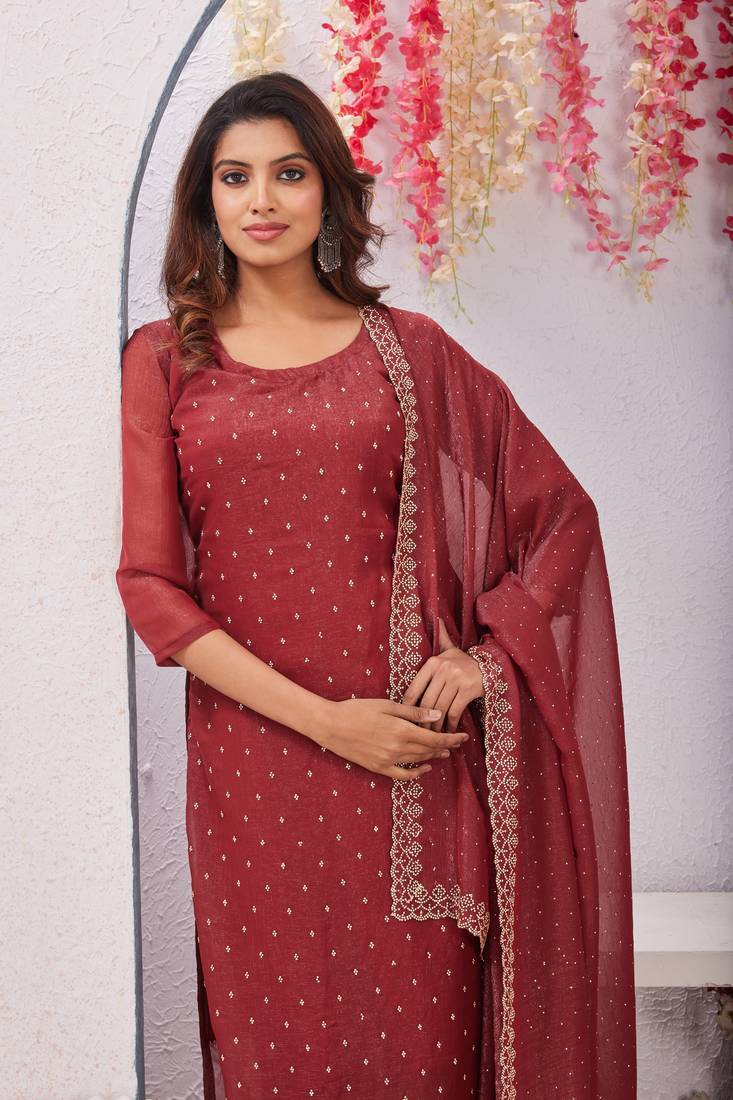 Maroon siroski work crunchy straight cut dress material unstitched