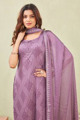 Purple siroski work rangoli straight cut dress material unstitched 2