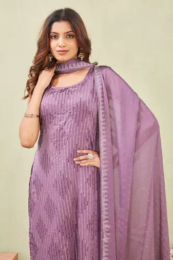 Purple siroski work rangoli straight cut dress material unstitched