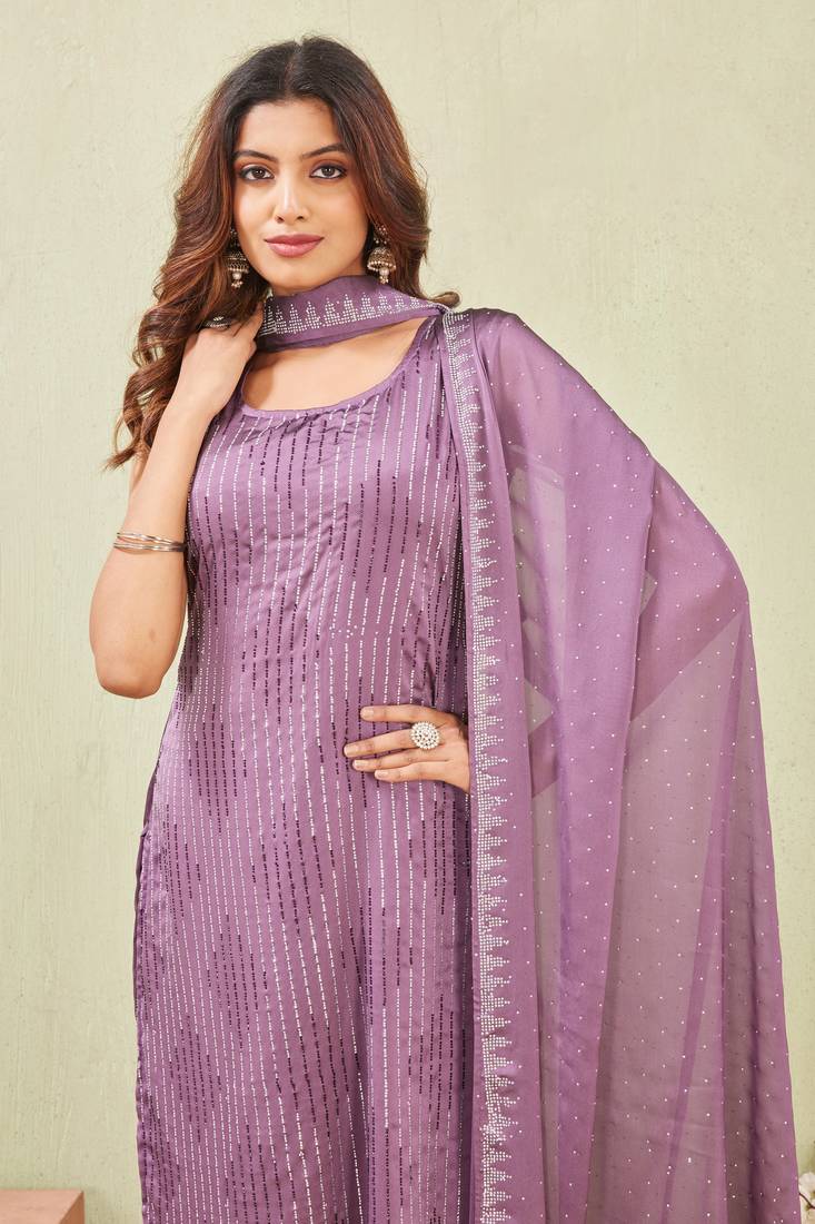 Purple siroski work rangoli straight cut dress material unstitched