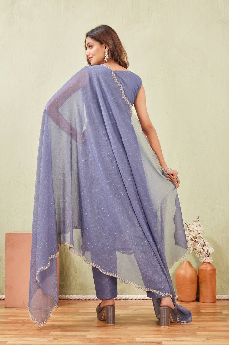 Grey siroski work crunchy straight cut dress material unstitched