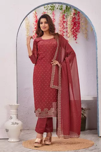 Maroon siroski work crunchy straight cut dress material unstitched