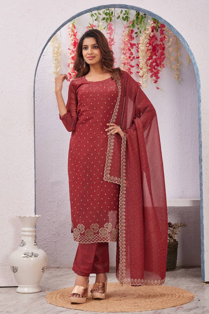 Maroon siroski work crunchy straight cut dress material unstitched