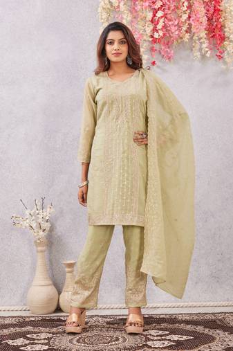 Pista siroski work crunchy straight cut dress material unstitched