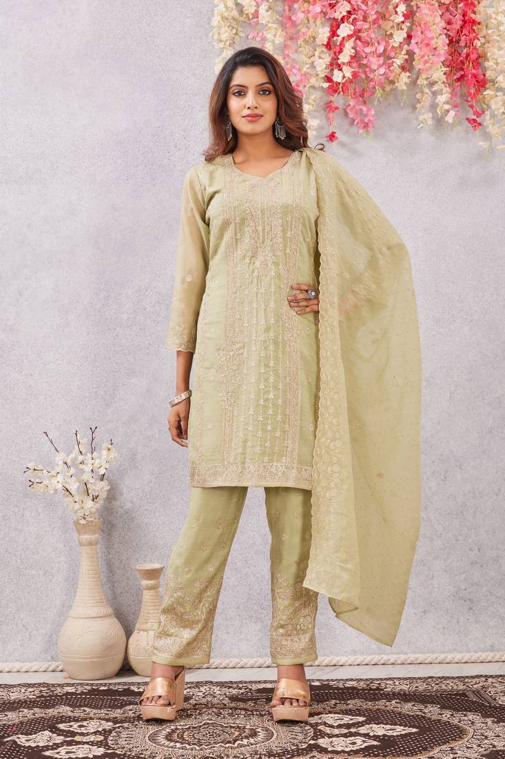 Pista siroski work crunchy straight cut dress material unstitched